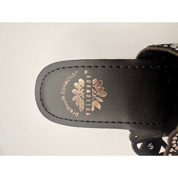 Yellow Box Premium P-Warlow Black Leather Jeweled Rhinestone Slide Sandals 6.5 M - Picture 4 of 6